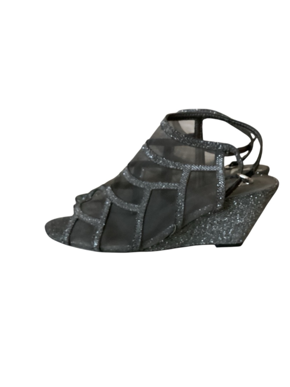 Jasmine Black Silver Mesh Strappy Wedge Sandals - Women's size 7